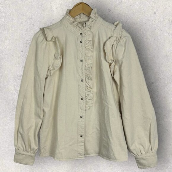 Sezane Eva Shirt Mottled Ecru Size 36 French / US 4 Ruffle Button Top Blouse - Picture 4 of 16